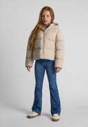 Girls grey short water repellent quilted jacket with hood and high collar