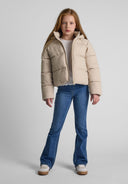 Girls grey short water repellent quilted jacket with hood and high collar