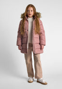 Girls pink winter coat with faux fur trim and warm linning