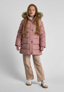 Girls pink winter coat with faux fur trim and warm linning