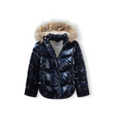 Girls winter jacket navy blue puffer with beige fur hood