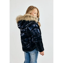 Shiny navy blue girls winter jacket with fluffy beige fur-lined hood