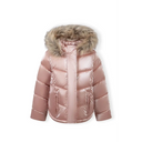 Shiny rose gold girls winter jacket with fluffy fur hood