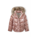Shiny rose gold girls winter jacket with fluffy fur hood