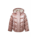Shiny rose gold girls winter jacket with quilted puffer design and cozy fur hood