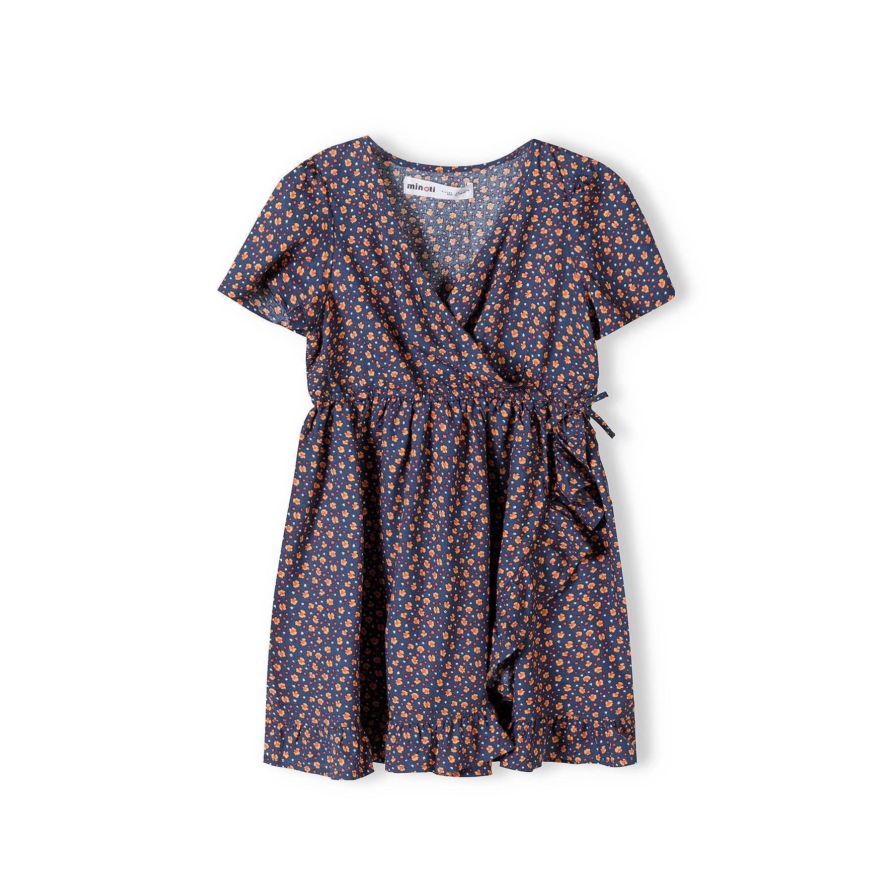 Navy floral wrap dress laid flat showing back view with tie waist detail and all-over small flower print pattern