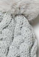 Cozy light gray knitted cable pom pom beanie with fluffy detail