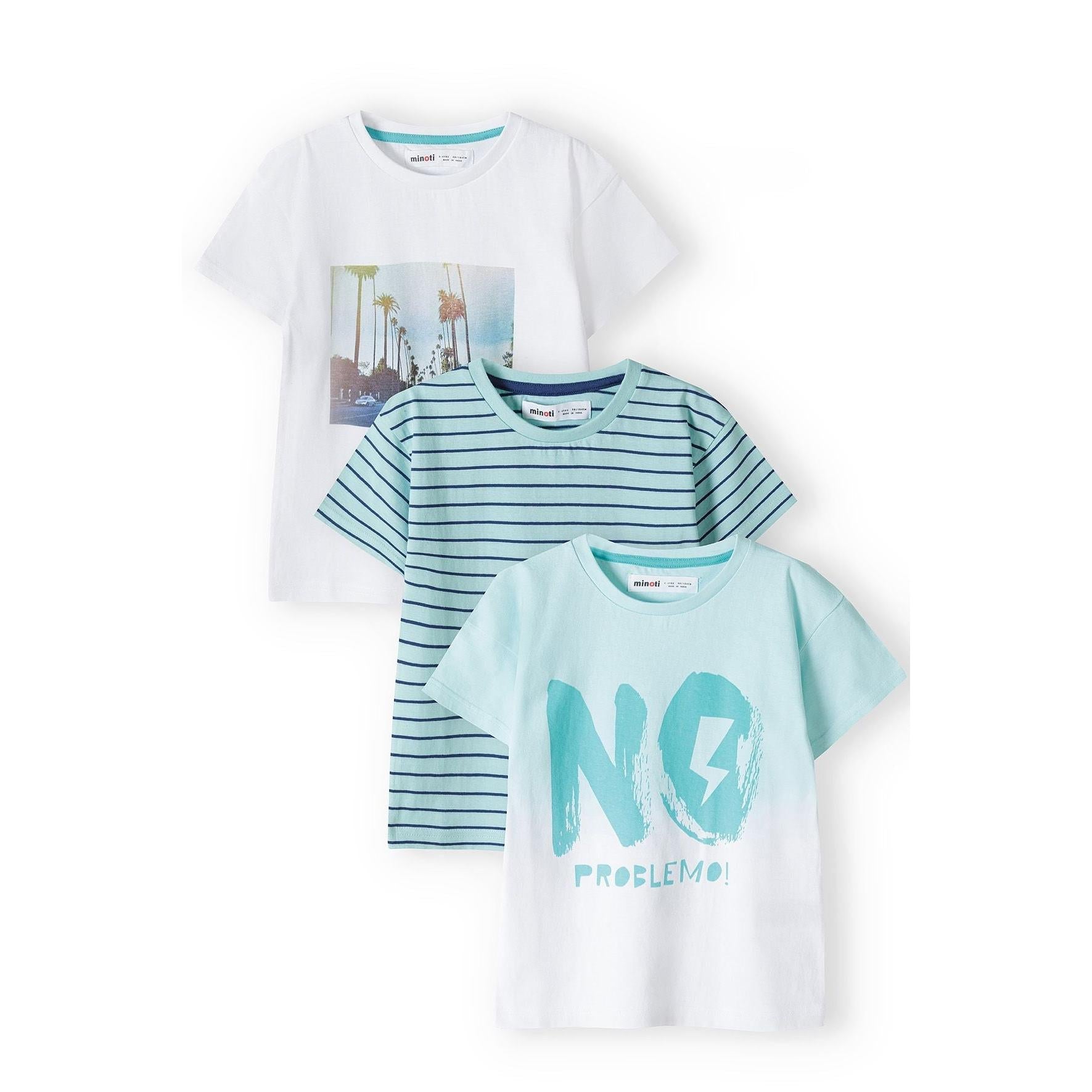 Three mint-coloured t-shirts displayed on white background - top shirt with palm tree beach photograph print, middle navy striped shirt, bottom mint shirt with large 'NO PROBLEMO' text in teal