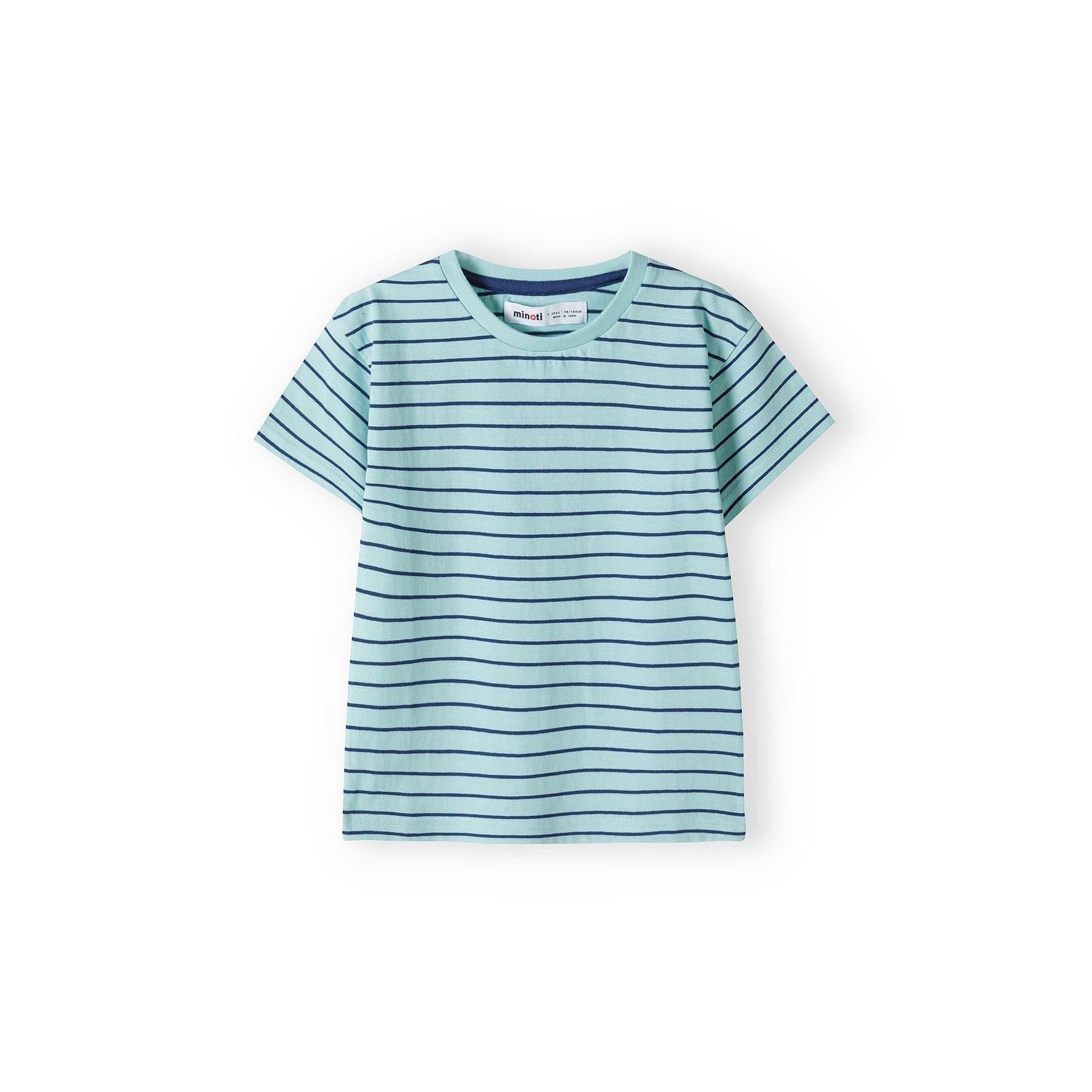 Back view of mint striped t-shirt showing horizontal navy blue stripes pattern across entire garment