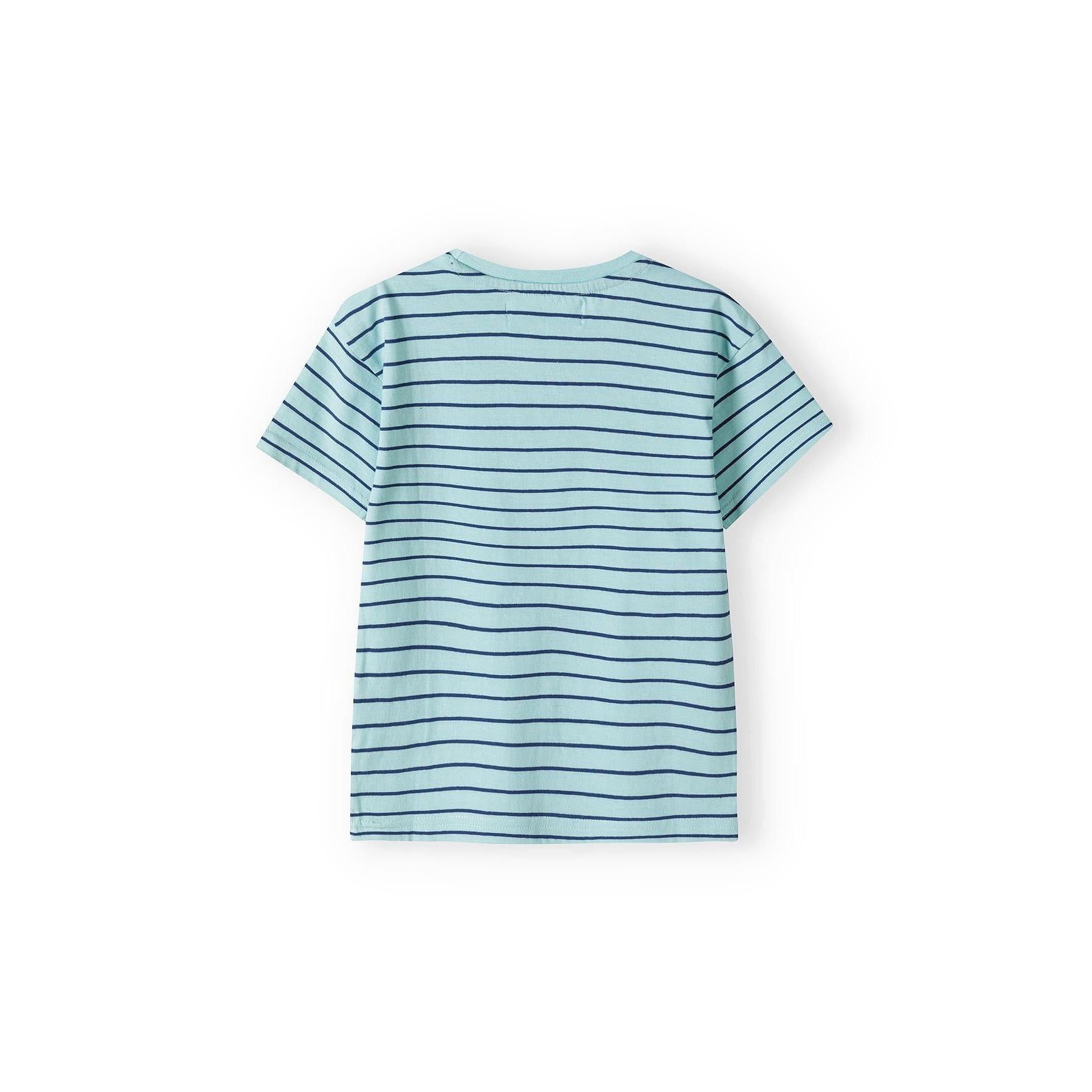 Back view of mint striped t-shirt showing horizontal navy blue stripes pattern across entire garment