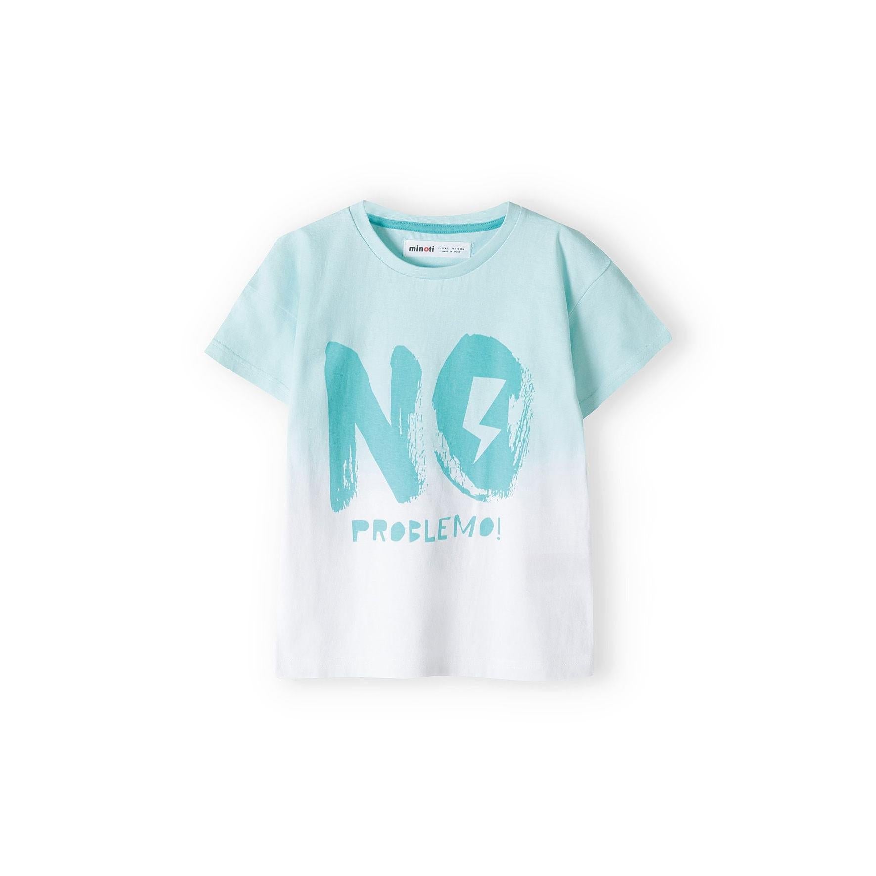 Single mint green t-shirt laid flat showing large 'NO PROBLEMO' graphic print in teal blue lettering on front