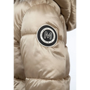 Kids gold quilted winter coat with faux fur trim hood and beige puffer sleeve patch