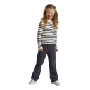 Child in black and white striped sweater with wide leg combat pants