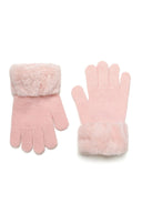 Pink knit gloves with fluffy faux fur cuffs in cream accents