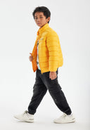Bright yellow quilted light padded jacket with high collar and zipper