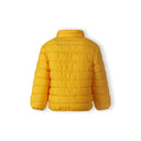 Back view of a bright yellow boys' light padded jacket with horizontal quilting and stand collar.