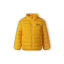 Boys' bright yellow light padded jacket with stand collar, central zipper, and "MN97" chest print.