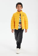 Bright yellow light padded jacket with quilted design and black logo