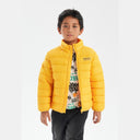 Boy wearing a bright yellow light padded jacket with a stand collar and chest print, partially unzipped.