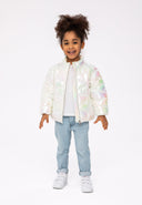 Iridescent white light padded jacket with quilted high collar design