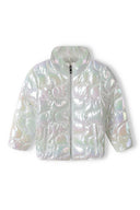 Shimmering iridescent light padded jacket in white quilted heart pattern with high collar