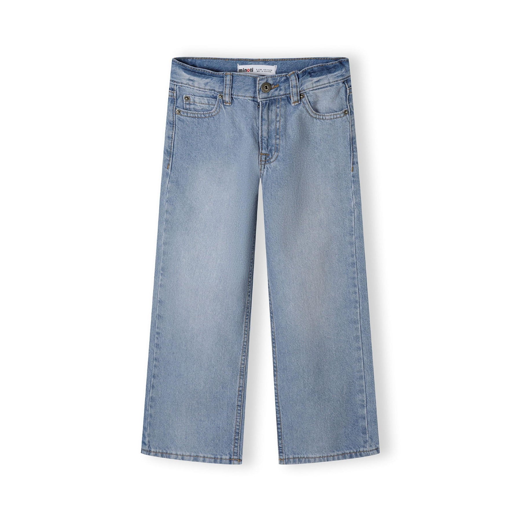 Back view of light blue baggy fit jeans laid flat showing five-pocket design, waistband details and beige leather patch label