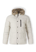 Men padded jacket in beige with faux fur hood and black zipper accents