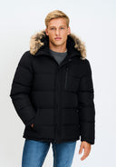 Men padded jacket in black with faux fur trim hood