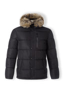 Men padded jacket in black with faux fur trim hood and quilted panels