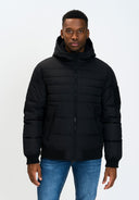 Black padded jacket hooded for men with quilted design and zipper