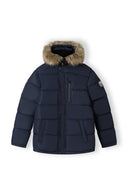 Męska zimowa kurtka granatowa z kapturem z futerkiem i zamkiem błyskawicznym