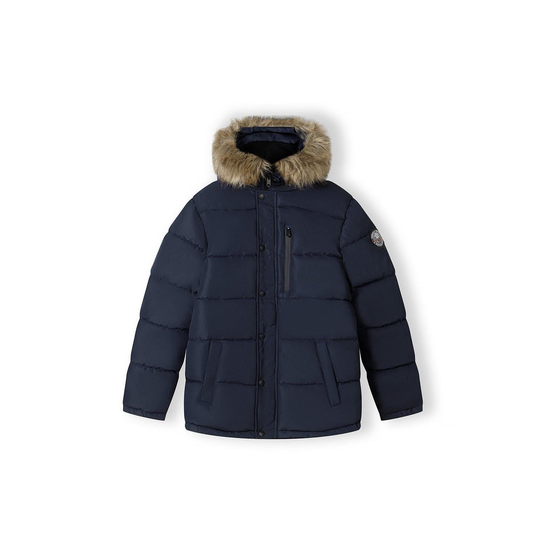 Men's navy quilted winter jacket with a brown faux fur hood, high collar, and multiple pockets.