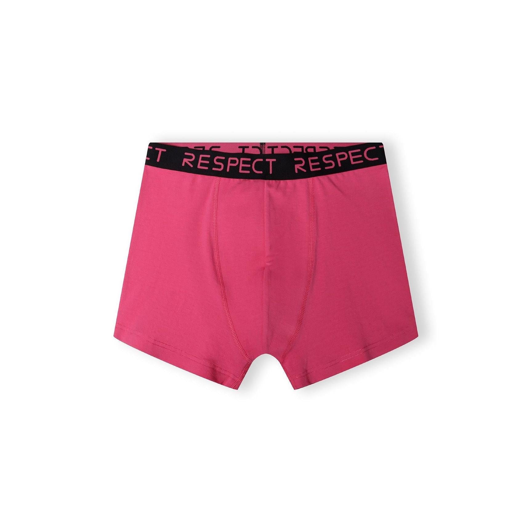 Single pink boxer shorts with black Respect branded waistband shown flat against white background