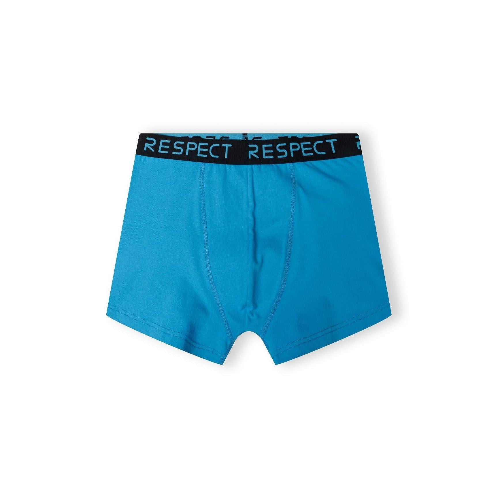 Single blue boxer shorts with black Respect branded waistband displayed flat against white background