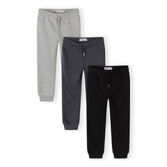 Boys' joggers 3-pack in grey marl, charcoal and black, full view on white background