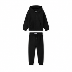 Black zip hoodie and joggers set, complete outfit centered in square image