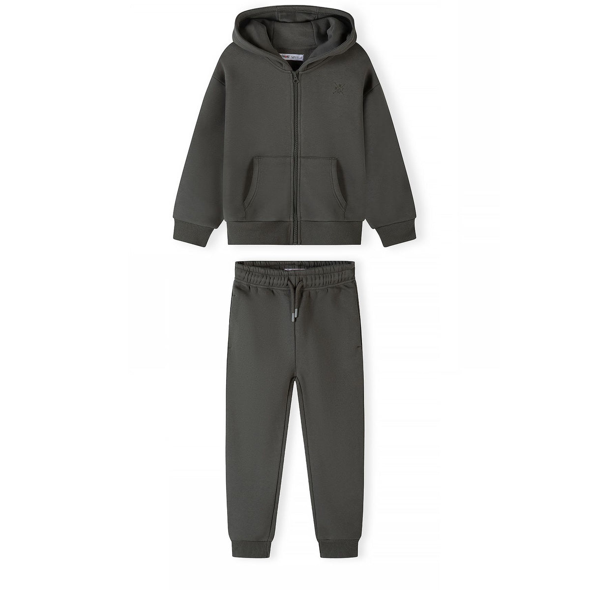 Olive green zip hoodie and joggers set, complete outfit centered in square image