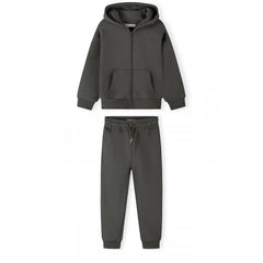 Olive green zip hoodie and joggers set, complete outfit centered in square image