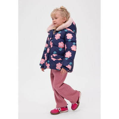 Floral hooded padded coat in navy — full view on white square background