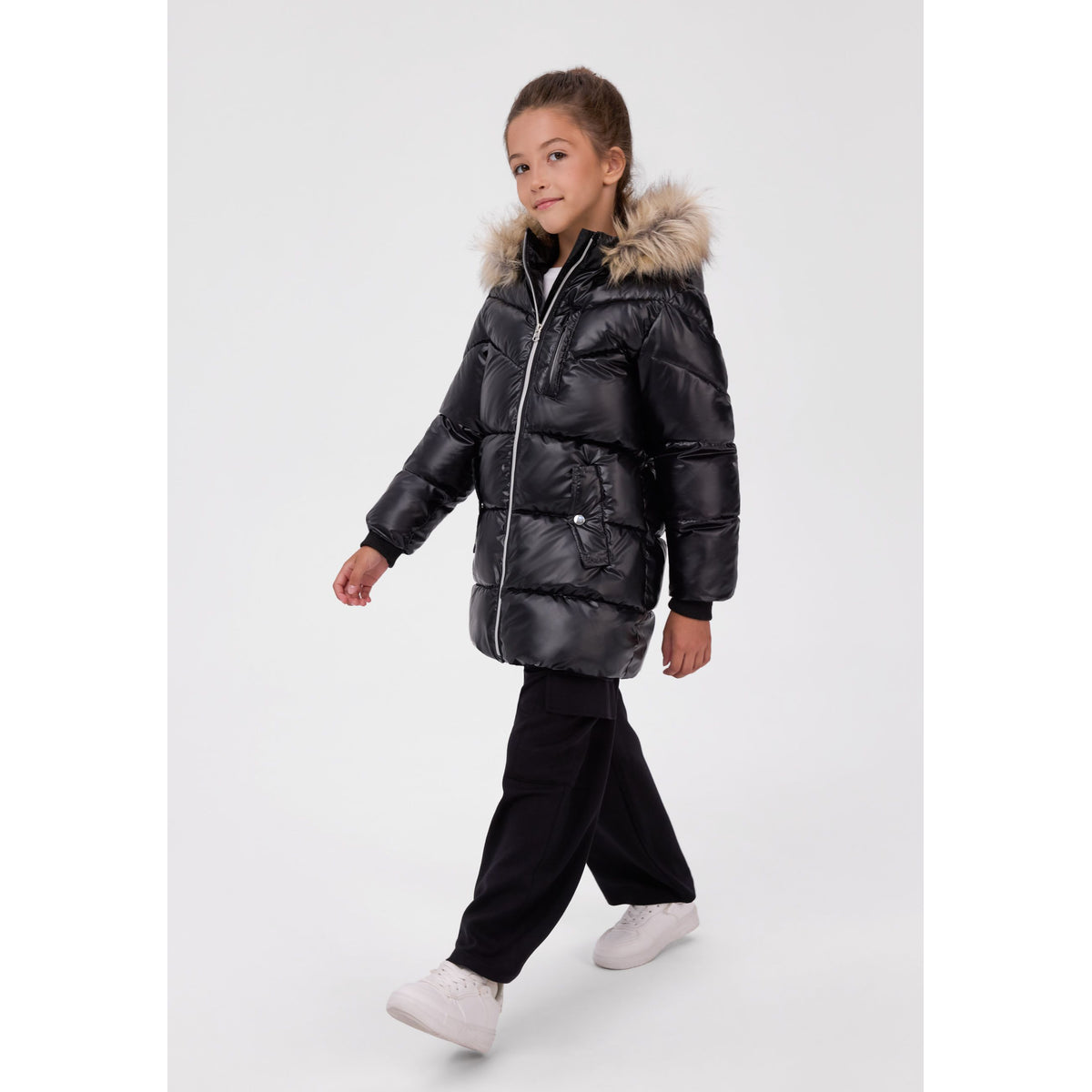 Girls' glossy hooded padded coat in black — full view on white square background