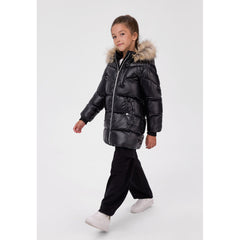 Girls' glossy hooded padded coat in black — full view on white square background