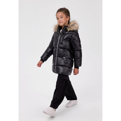 Girls' glossy hooded padded coat in black — full view on white square background