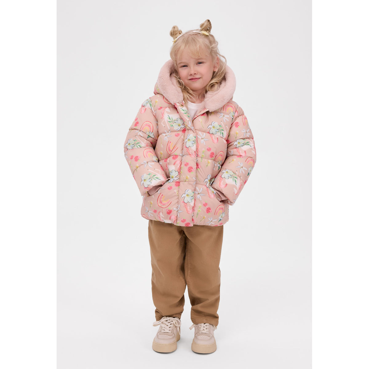 Girls' printed padded coat in pale pink — full view on white square background