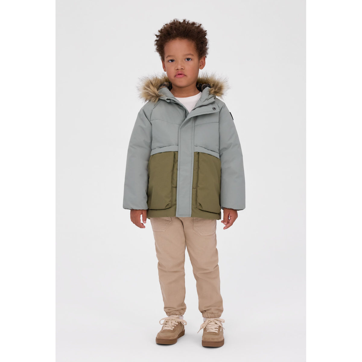 Boys' colour-block padded parka — full view on white square background