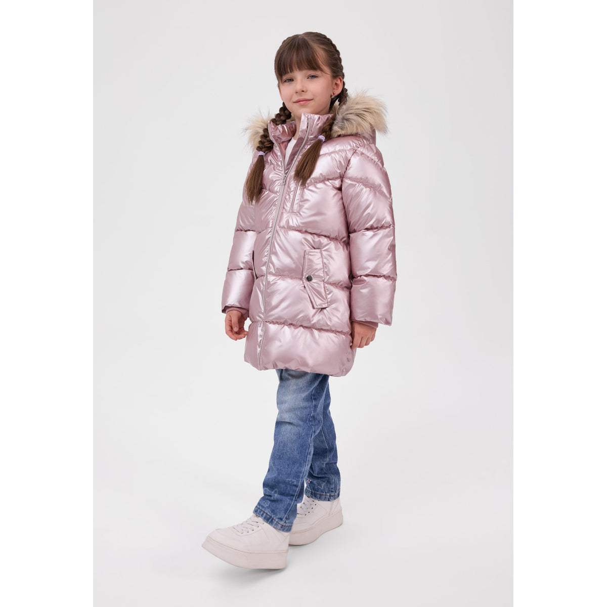 Glossy hooded padded coat — full view on white square background
