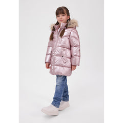 Glossy hooded padded coat — full view on white square background