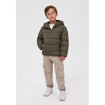 Boys' hooded padded jacket in khaki — full view on white square background