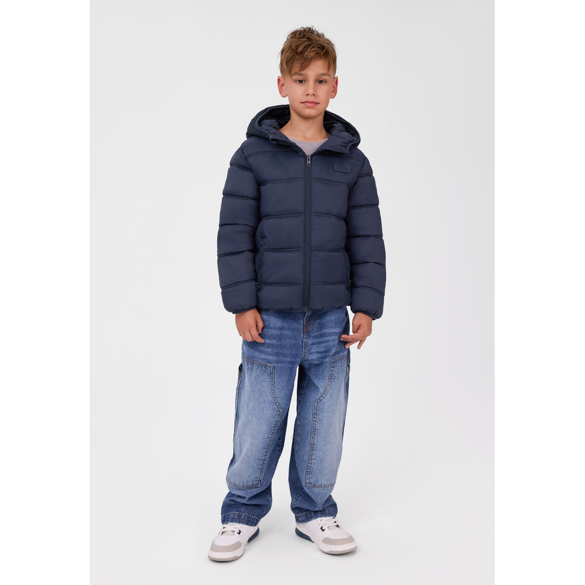 Boys' hooded padded jacket in navy — full view on white square background