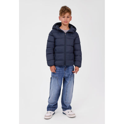 Boys' hooded padded jacket in navy — full view on white square background