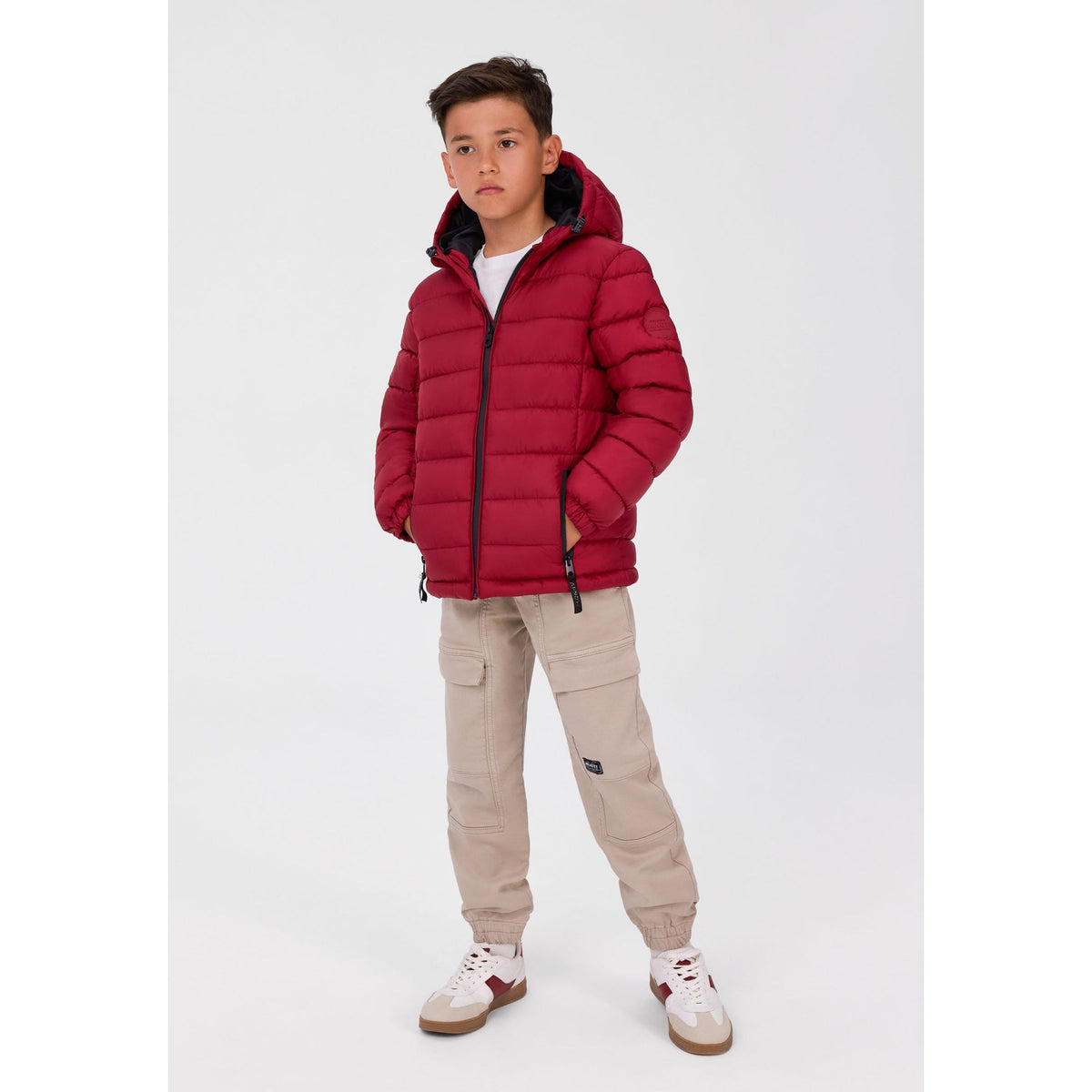 Boys' hooded padded jacket in red — complete product view for square Shop card